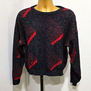 Vintage Mens XL Italian Sweater Black Red Geometric Pullover Retro Grandpa 80s